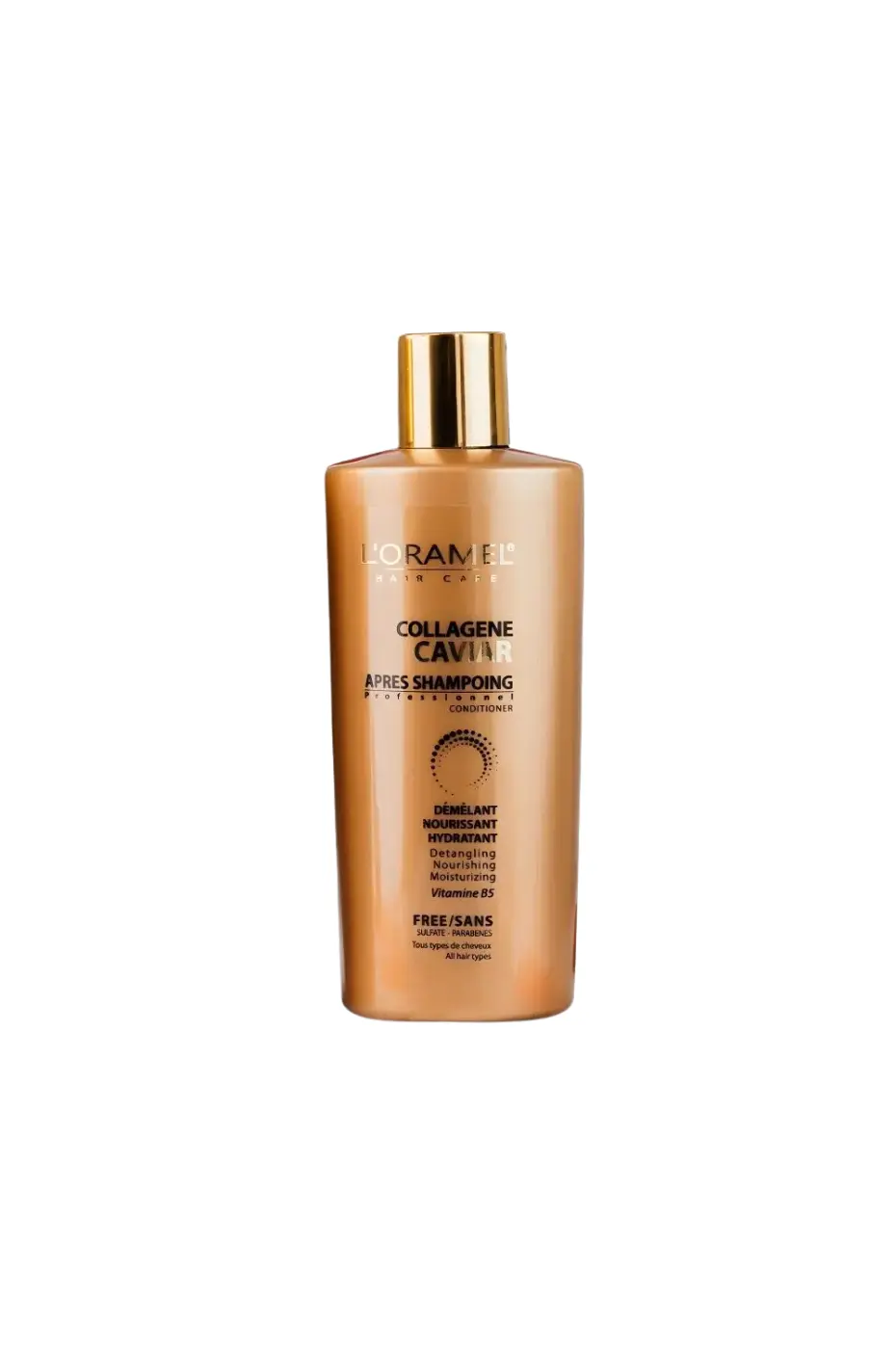 L’ORAMEL Après-Shampoing Collagène + Caviar (300 ml) Bouteille dorée L’ORAMEL Après-Shampoing Collagène Caviar 300 ml, soin démêlant, nourrissant et hydratant cheveux.