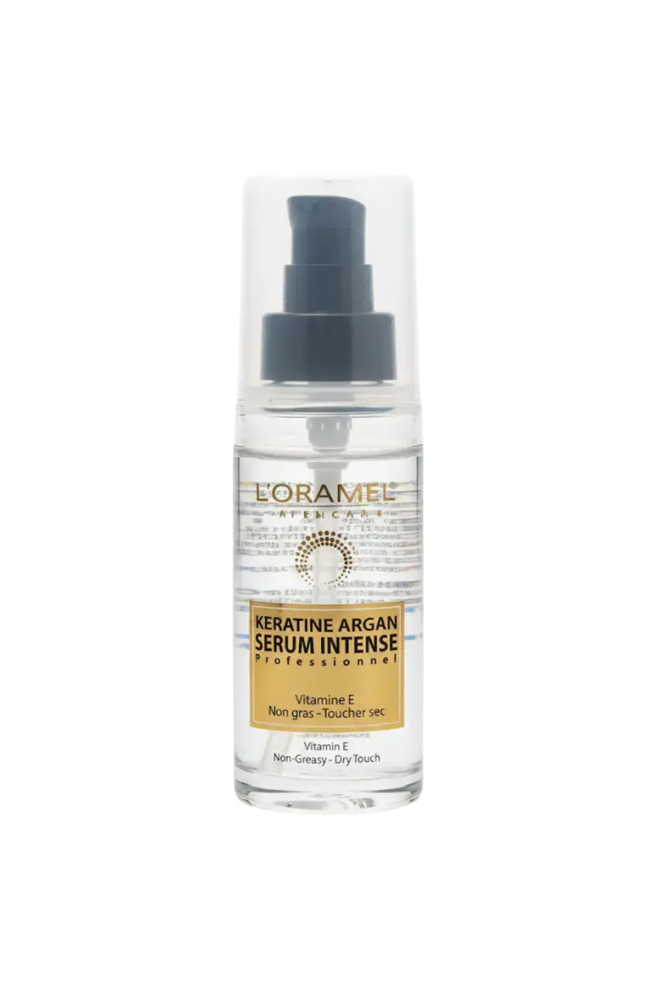 L’ORAMEL Sérum Kératine Argan 50 ml Flacon transparent L’ORAMEL Sérum Intense 50 ml avec pompe noire, étiquette blanche et dorée, liquide clair à la kératine et argan.