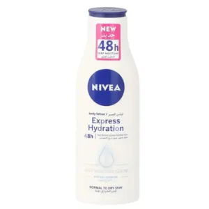 Bouteille de lait pour le corps Nivea Express Hydratation sur fond blanc, avec un bouchon bleu et un étiquetage en arabe.