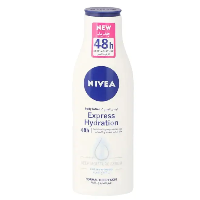 Lait Corps Nivea Express (250 ml) – Hydratation 48H Bouteille de lait pour le corps Nivea Express Hydratation sur fond blanc, avec un bouchon bleu et un étiquetage en arabe.
