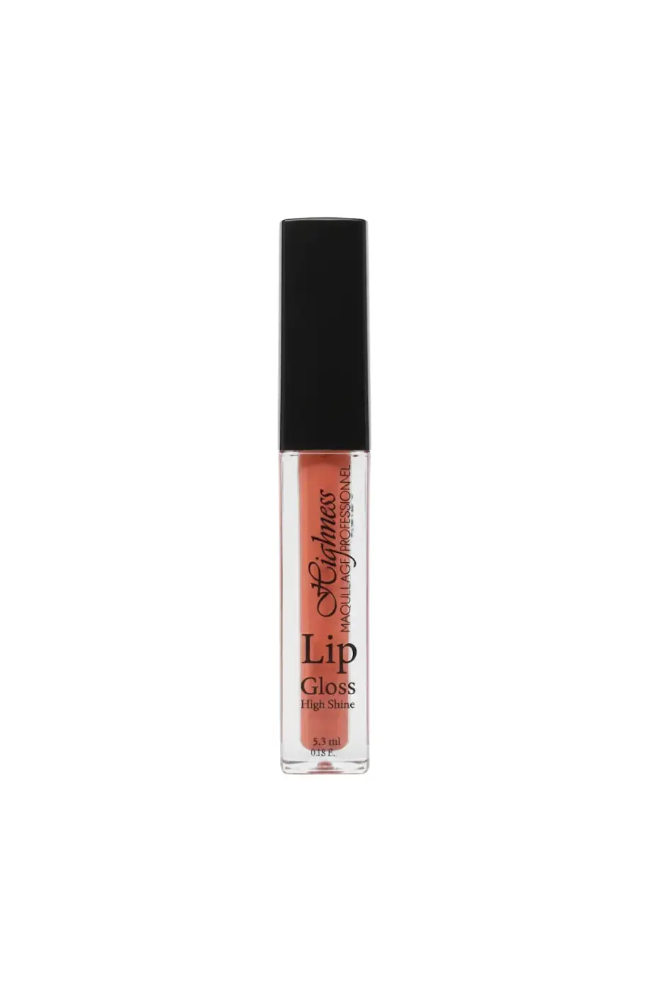 Highness - L'Effet Miroir du Lip Gloss (Teinte G10) Flacon de brillant à lèvres Highness Lip Gloss, teinte G10, avec son étiquette, sur une table aux motifs floraux, près d'un clavier.