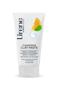 Tube blanc de gel nettoyant pour le visage Lirene Cleansing Clay Paste, avec une tranche d'orange et une feuille de menthe.