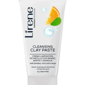 Tube blanc de gel nettoyant pour le visage Lirene Cleansing Clay Paste, avec une tranche d'orange et une feuille de menthe.
