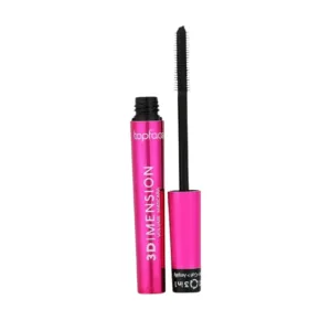 Mascara Topface 3 Dimensions rose avec son tube ouvert, montrant la brosse en silicone pour volume et longueur.