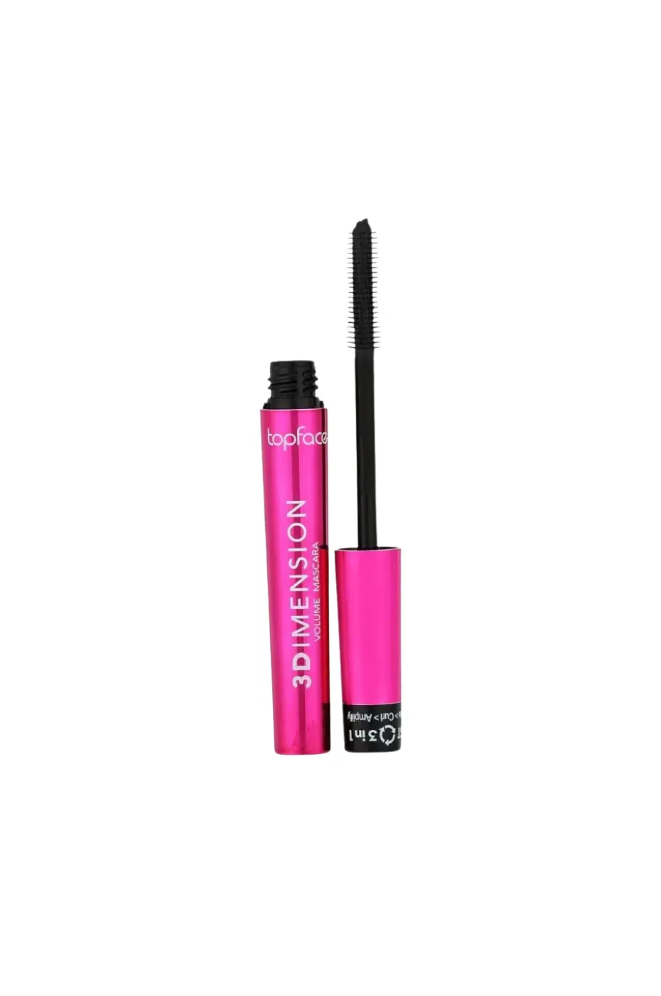 Mascara Topface (3 en 1 pour un Volume Spectaculaire) Mascara Topface 3 Dimensions rose avec son tube ouvert, montrant la brosse en silicone pour volume et longueur.