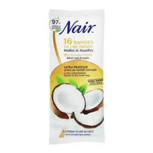 Emballage blanc de 16 bandes de cire froide Nair pour maillot et aisselles, avec des morceaux de coco.