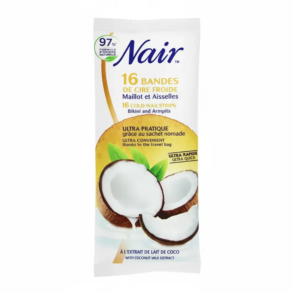 Nair : 16 Bandes (Maillot & Aisselles) au Lait de Coco (Ultra Rapide) Emballage blanc de 16 bandes de cire froide Nair pour maillot et aisselles, avec des morceaux de coco.