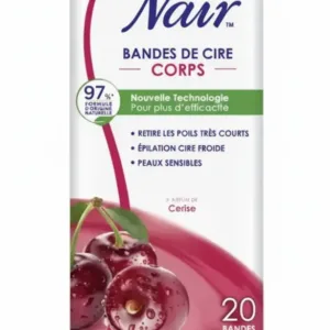 Emballage blanc de bandes de cire Nair corps à la cerise, avec l'image de cerises et le texte "20 bandes + 2 lingettes".