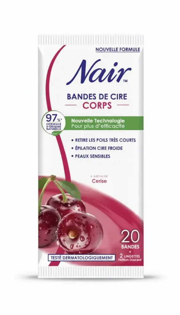 Nair : 20 Bandes de Cire Corps (+ 2 Lingettes) Cerise (Formule Naturelle) Emballage blanc de bandes de cire Nair corps à la cerise, avec l'image de cerises et le texte "20 bandes + 2 lingettes".
