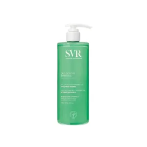 Bouteille verte SVR Spirial Déo-Douche 24h, pompe blanche, gel lavant déodorant intense fraîcheur 400 ml
