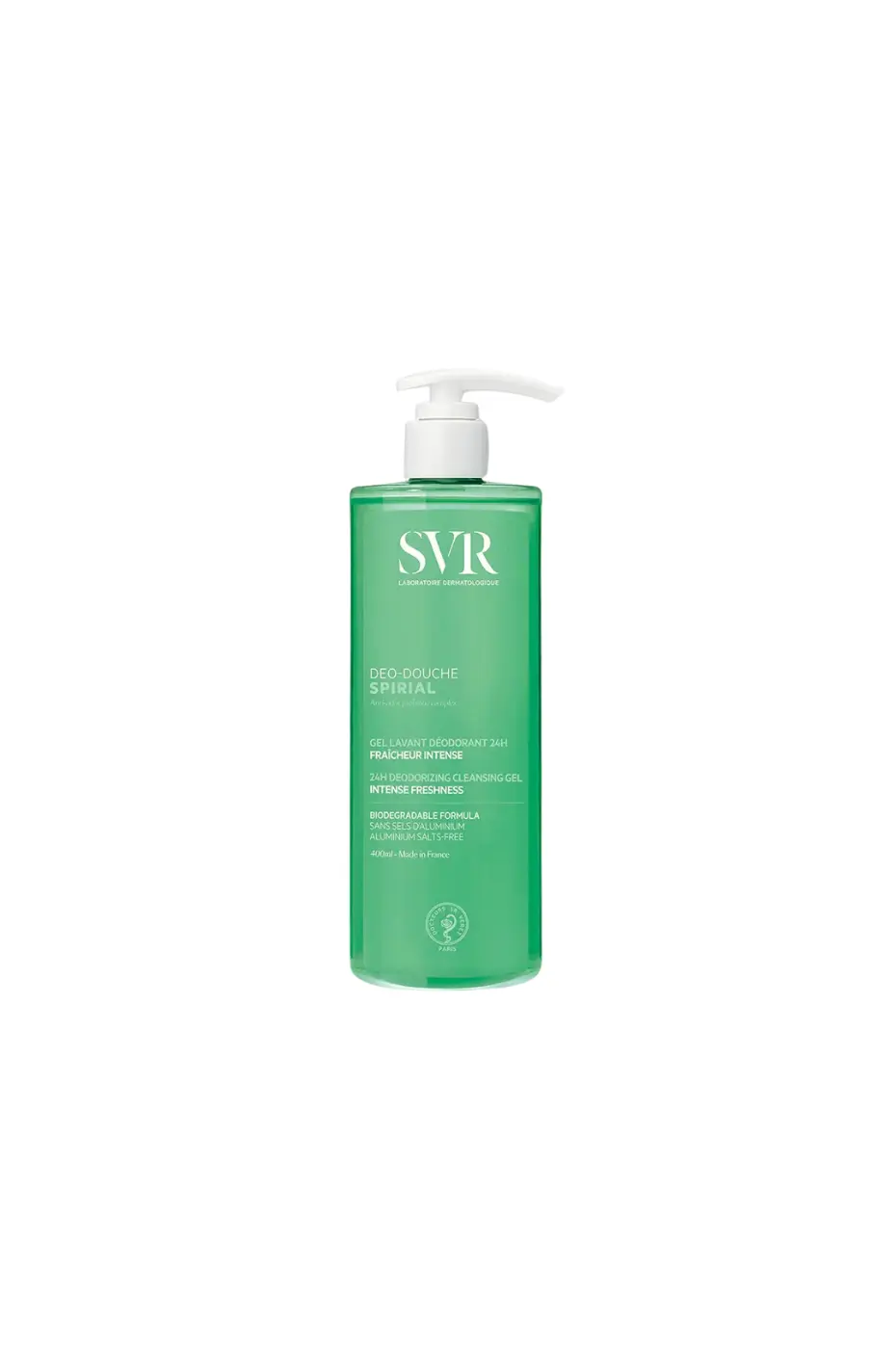 SVR Spirial Déo-Douche 24h (Gel Lavant 400 ml) Bouteille verte SVR Spirial Déo-Douche 24h, pompe blanche, gel lavant déodorant intense fraîcheur 400 ml