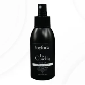 Bouteille noire du spray fixateur de maquillage Topface Fix Quickly avec l'étiquette en noir et blanc.