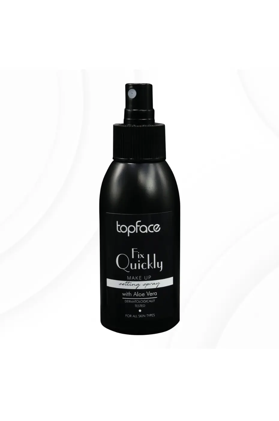 TOPFACE Fix Quickly (100 ml pour une tenue parfaite) Bouteille noire du spray fixateur de maquillage Topface Fix Quickly avec l'étiquette en noir et blanc.