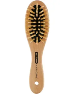 Brosse TITANIA Hair Care en bois naturel, base noire, picots jaunes, 18 cm, poignée imprimée, sur fond clair