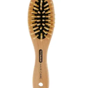 Brosse TITANIA Hair Care en bois naturel, base noire, picots jaunes, 18 cm, poignée imprimée, sur fond clair