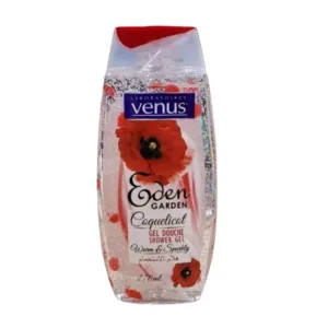 Flacon transparent gel douche Venus Coquelicot, décor fleurs rouges, bouchon rouge, 270 ml, mention Warm & Sparkly