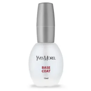 Flacon de base coat Yves Morel de 13 ml, avec un capuchon argenté et une bouteille transparente.