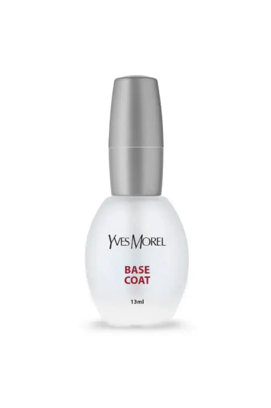 Yves Morel : Base Coat 13ml pour une manucure parfaite Flacon de base coat Yves Morel de 13 ml, avec un capuchon argenté et une bouteille transparente.