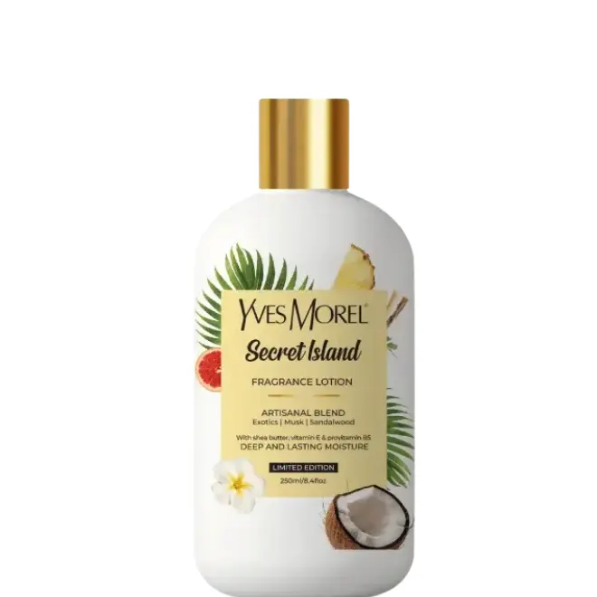Yves Morel, Lotion parfumée Secret Island (250ml) Bouteille de lotion parfumée Yves Morel Secret Island, 250ml, avec couvercle doré et illustrations tropicales.