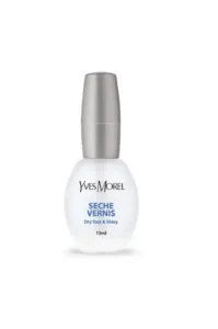 Flacon de sèche-vernis Yves Morel de 13 ml, avec un capuchon argenté et une bouteille transparente.