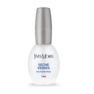 Flacon de sèche-vernis Yves Morel de 13 ml, avec un capuchon argenté et une bouteille transparente.