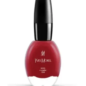 Bouteille de vernis à ongles Yves Morel teinte 58, d'un rouge foncé classique et élégant, sur fond blanc.