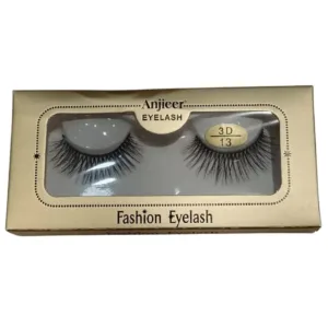 Une boîte dorée de faux cils Anjieer 3D, modèle A17, avec les deux paires de cils visibles à travers une fenêtre transparente.