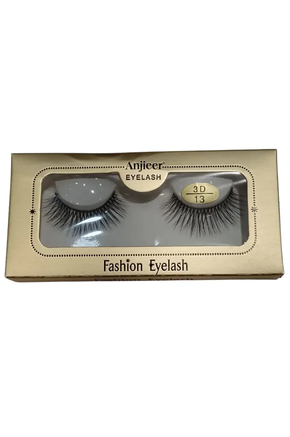 Faux Cils 3D Anjieer Une boîte dorée de faux cils Anjieer 3D, modèle A17, avec les deux paires de cils visibles à travers une fenêtre transparente.