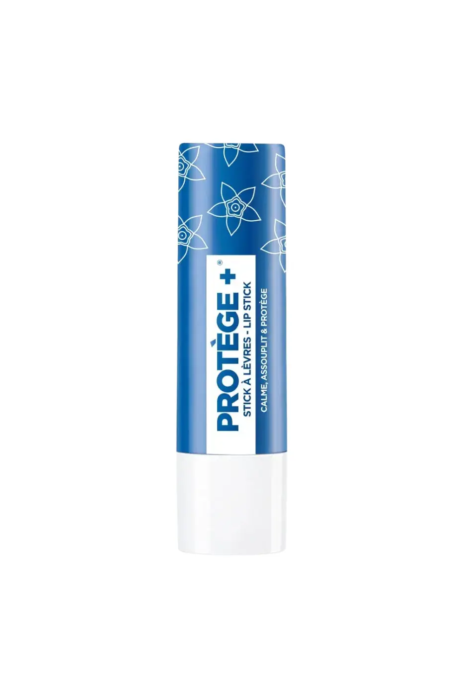 Stick à lèvres PROTÈGE + (3 bienfaits en 1) – Soin lèvres Stick à lèvres bleu et blanc « PROTÈGE + » avec motifs floraux, calme, assouplit et protège les lèvres.