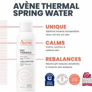 Infographie du spray Eau Thermale Avène présentant ses bénéfices : unique, apaise et rééquilibre les peaux sensibles.