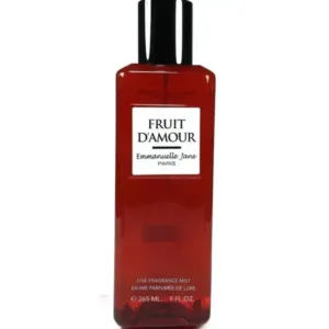 Brume parfumée Fruits d’Amour (265 ml) rouge vif sur fond lumineux, élégance gourmande signée Emmanuelle Jane Paris.