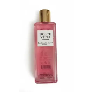 Flacon rose 265 ml Dolce Vitta Emanulla Jeane Paris, capuchon doré, posé sur surface marbrée, brume parfumée de luxe.