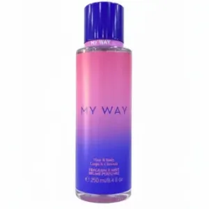 Flacon de parfum « My Way » de 250 ml, à la fois pour les cheveux et le corps, avec un dégradé de couleur rose et bleu.