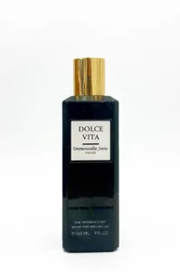 Flacon rectangulaire sombre Dolce Vita par Emmanuelle Jane Paris, brume parfumée de luxe 265ml avec bouchon doré brillant.