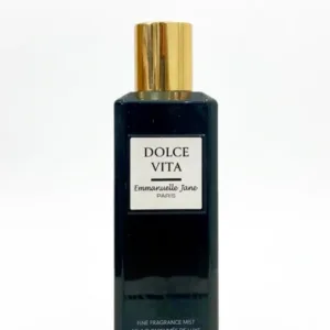 Flacon rectangulaire sombre Dolce Vita par Emmanuelle Jane Paris, brume parfumée de luxe 265ml avec bouchon doré brillant.