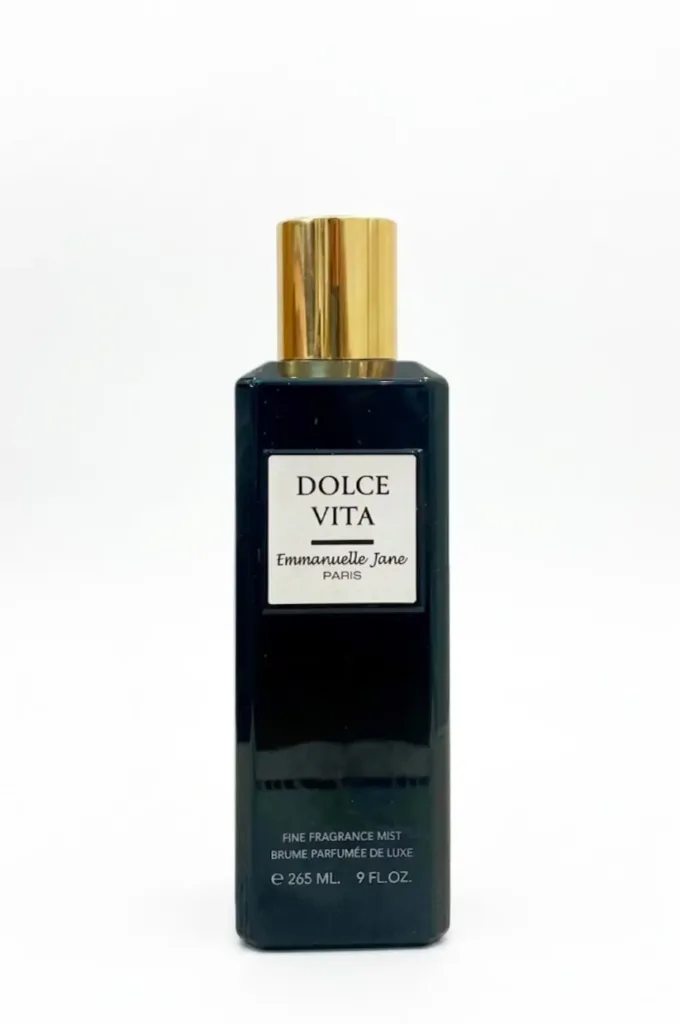 Flacon rectangulaire sombre de la brume parfumée Dolce Vita d'Emmanuelle Jane Paris, 265 ml, bouchon doré.