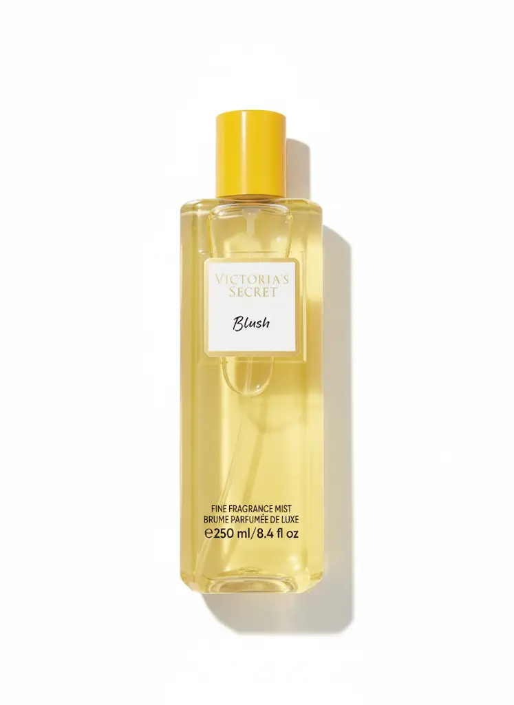 Victoria’s Secret Blush 250 ml (Brume Parfumée Femme 2025) Flacon jaune Victoria’s Secret Blush 250 ml avec bouchon doré, étiquette élégante, posé sur surface boisée.