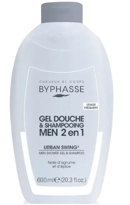 Byphasse Men Urban Swing 2‑en‑1 (600 ml) – Fraîcheur Agrumes Bouteille Byphasse Men Urban Swing 2‑en‑1 600 ml, gel douche et shampoing, parfum agrumes et épices