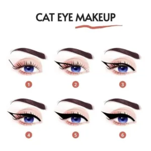 Tutoriel illustré en 6 étapes pour réaliser un maquillage œil de chat (Cat Eye) parfait et élégant.