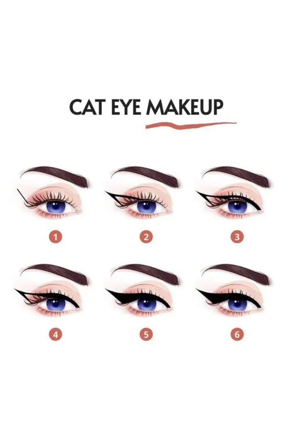 Cat Eye en 6 Étapes Tutoriel illustré en 6 étapes pour réaliser un maquillage œil de chat (Cat Eye) parfait et élégant.