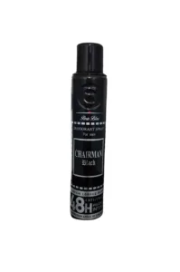 Aérosol noir Chairman Black 200 ml pour homme, fraîcheur intense 48h, protection anti‑traces et parfum longue durée.