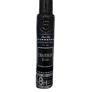 Aérosol noir Chairman Black 200 ml pour homme, fraîcheur intense 48h, protection anti‑traces et parfum longue durée.