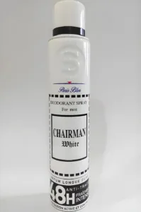 Aérosol blanc Chairman White 200 ml pour homme, parfum longue durée, fraîcheur intense 48h, protection anti‑traces continue.