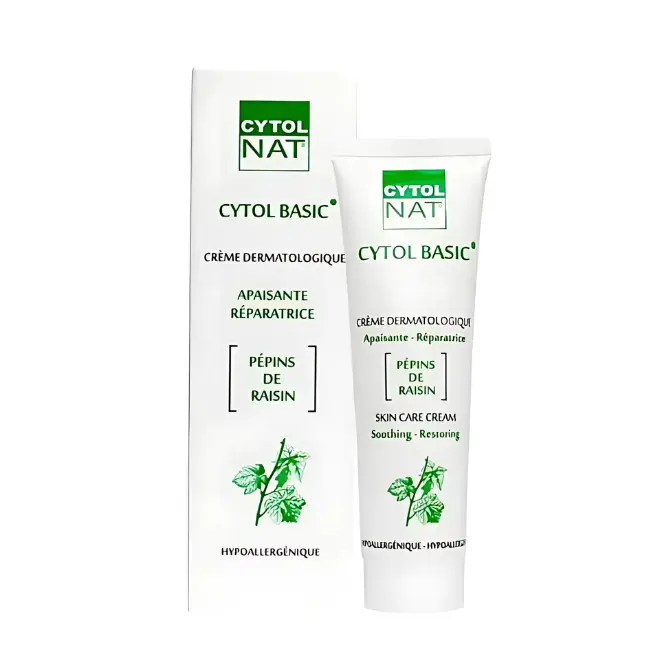 Cytol Basic (50 ml) – Crème Réparatrice Peaux Sensibles SPF30 Tube et étui de la crème Cytol Basic 50 ml SPF30, soin apaisant et réparateur au pépin de raisin, sur fond clair élégant