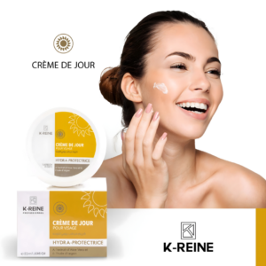Crème de jour Hydra-Protectrice K-Reine 50ml pour visage. Soin à l'extrait d'aloe vera et huile d'argan pour peau éclatante.