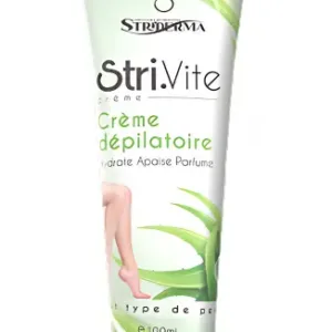 Tube StriVite crème dépilatoire 100 ml, hydrate, apaise, parfume, tout type de peau, avec aloe vera et jambes féminines illustrées