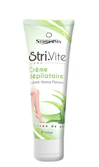 StriVite Crème Dépilatoire 100 ml (3 actions beauté) Tube StriVite crème dépilatoire 100 ml, hydrate, apaise, parfume, tout type de peau, avec aloe vera et jambes féminines illustrées