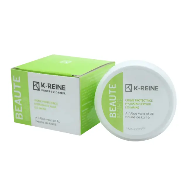 Crème mains K-REINE (100ml) : 3 bienfaits pour vos mains ! Crème protectrice hydratante pour les mains K-REINE, pot de 100ml et sa boîte, à l'aloe vera et beurre de karité.