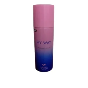 Une bouteille de déodorant "MY WAY" rose et bleue, avec le logo Loyal en bas. L'image est sur un fond blanc uni.