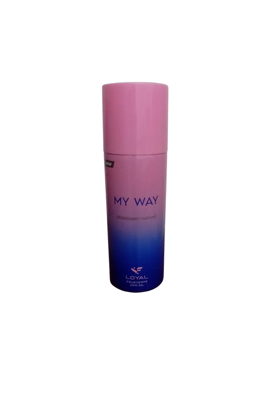 Déodorant "MY WAY" (200ml) Une bouteille de déodorant "MY WAY" rose et bleue, avec le logo Loyal en bas. L'image est sur un fond blanc uni.